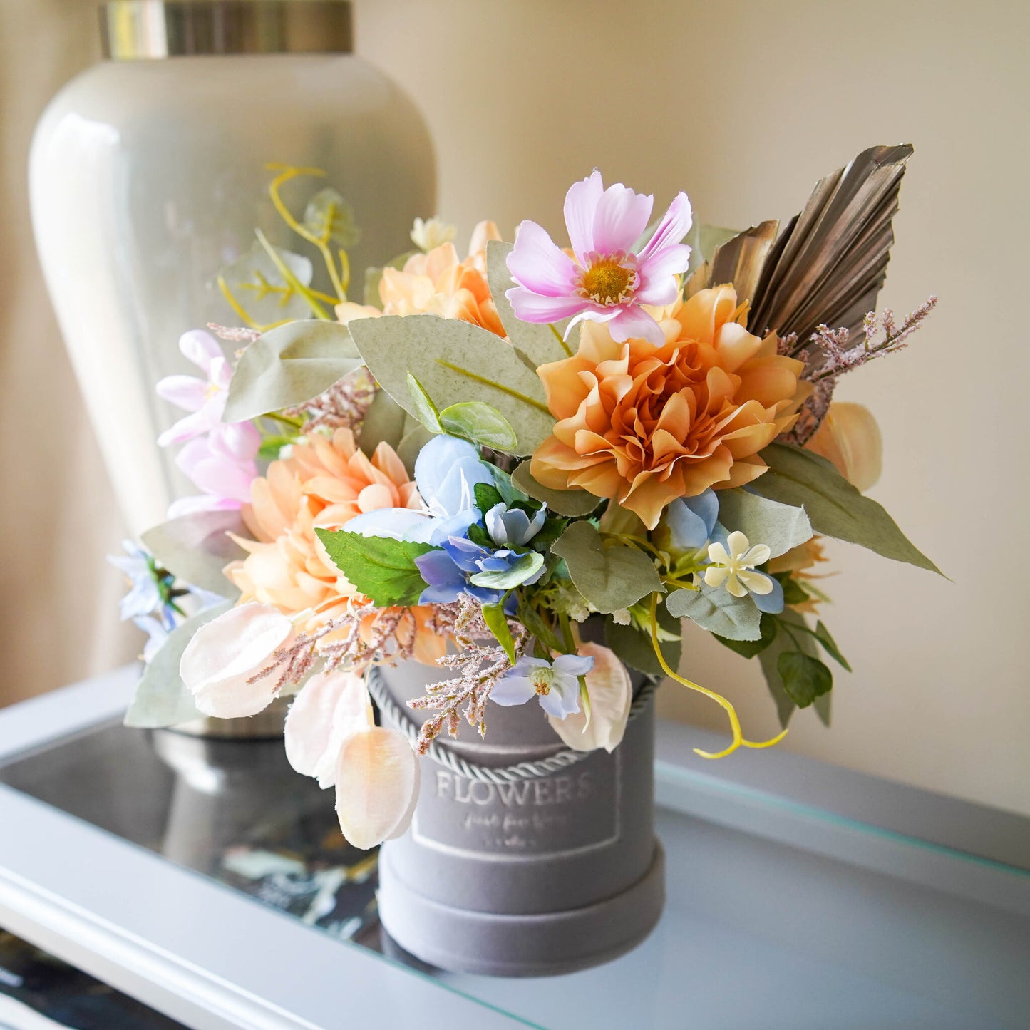 Orange and Pink flower hat box arrangement, Faux Flower Birthday Gift Idea