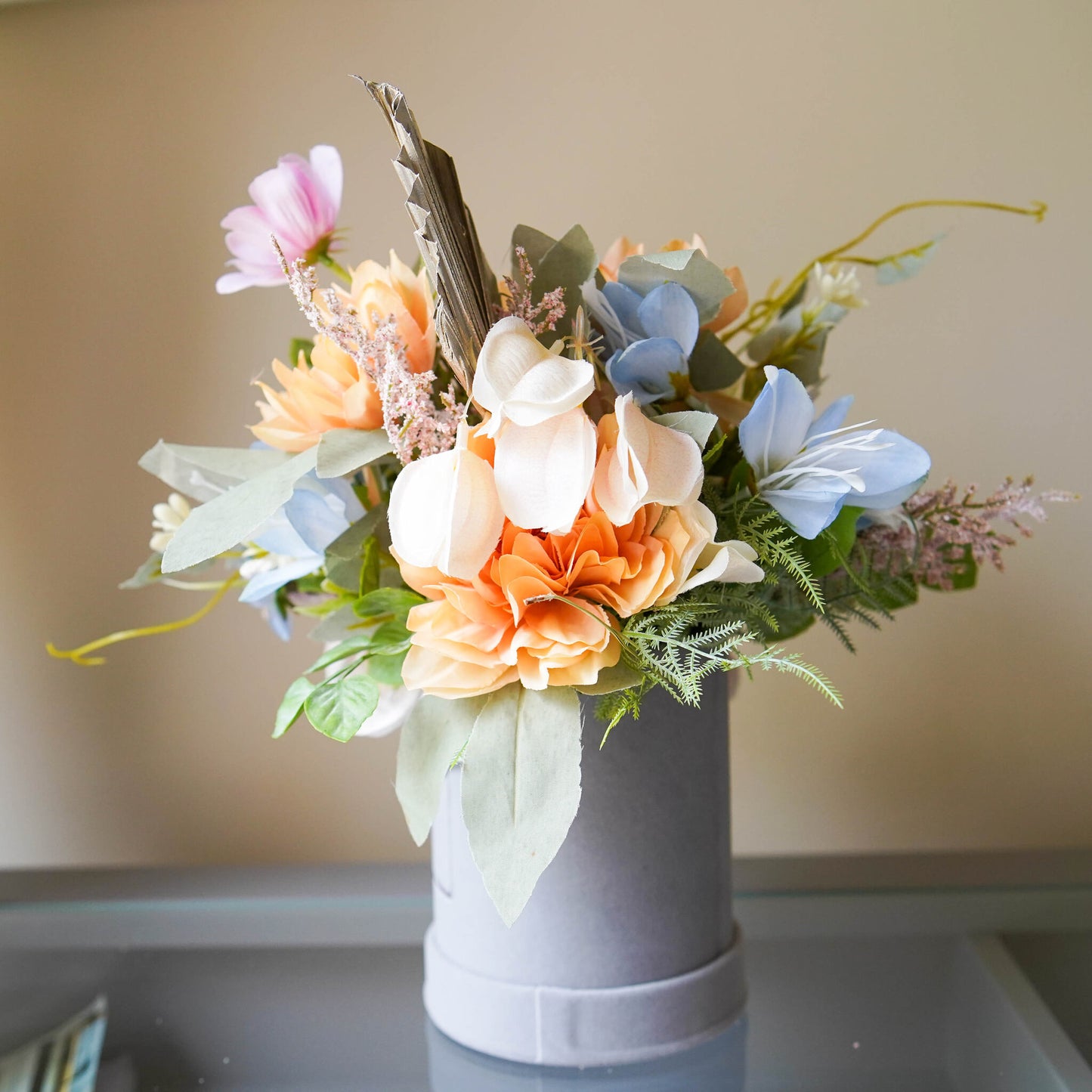 Orange and Pink flower hat box arrangement, Faux Flower Birthday Gift Idea
