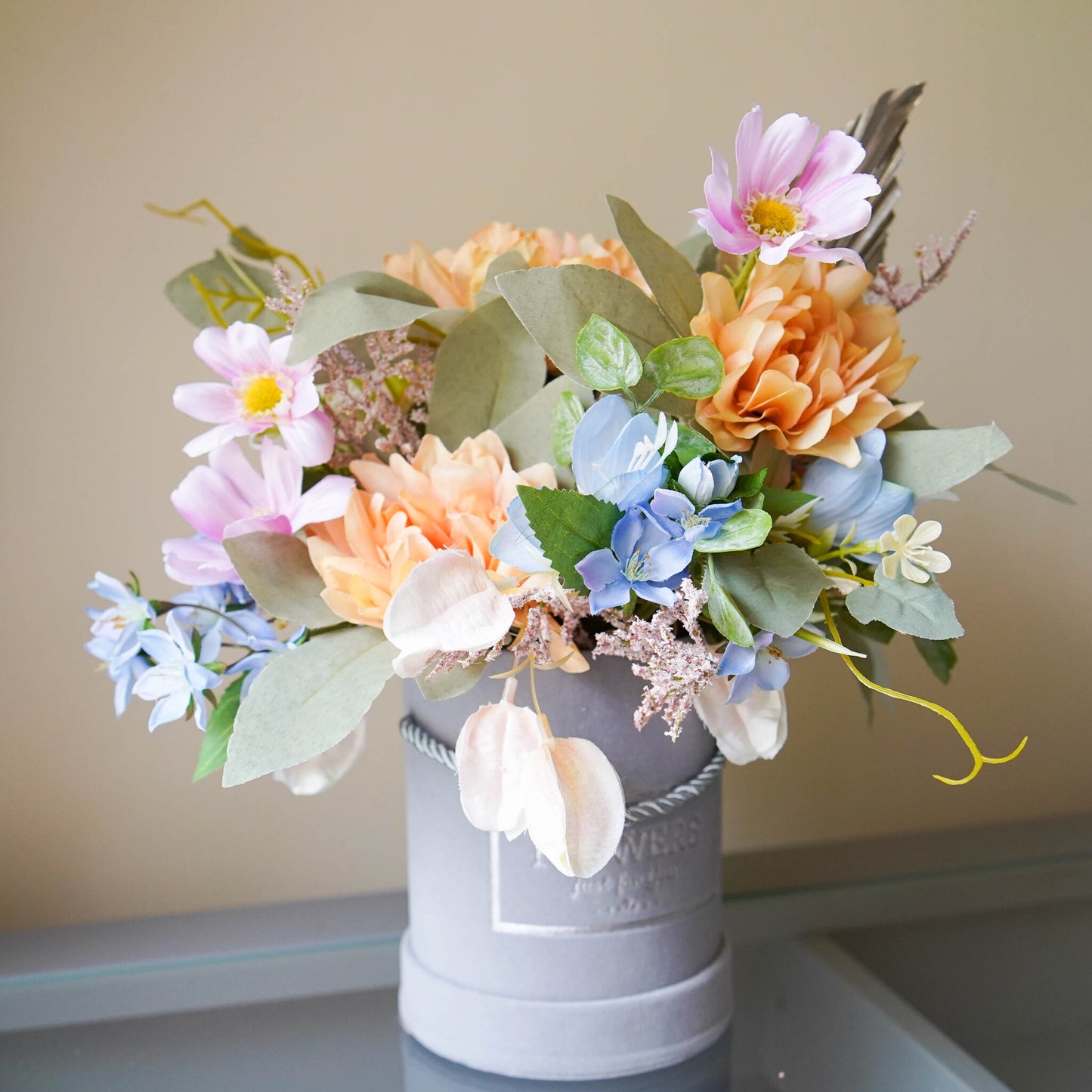 Orange and Pink flower hat box arrangement, Faux Flower Birthday Gift Idea