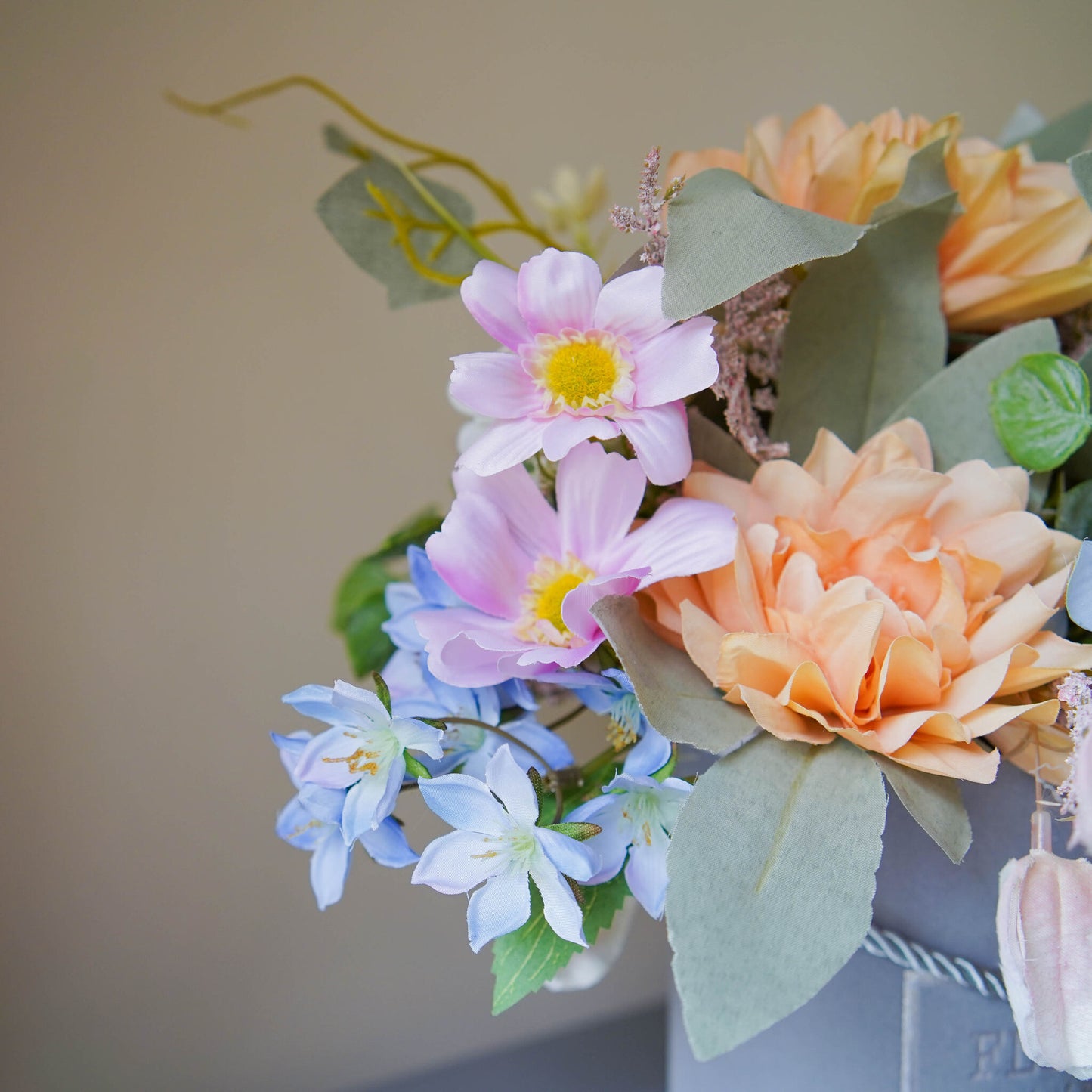 Orange and Pink flower hat box arrangement, Faux Flower Birthday Gift Idea