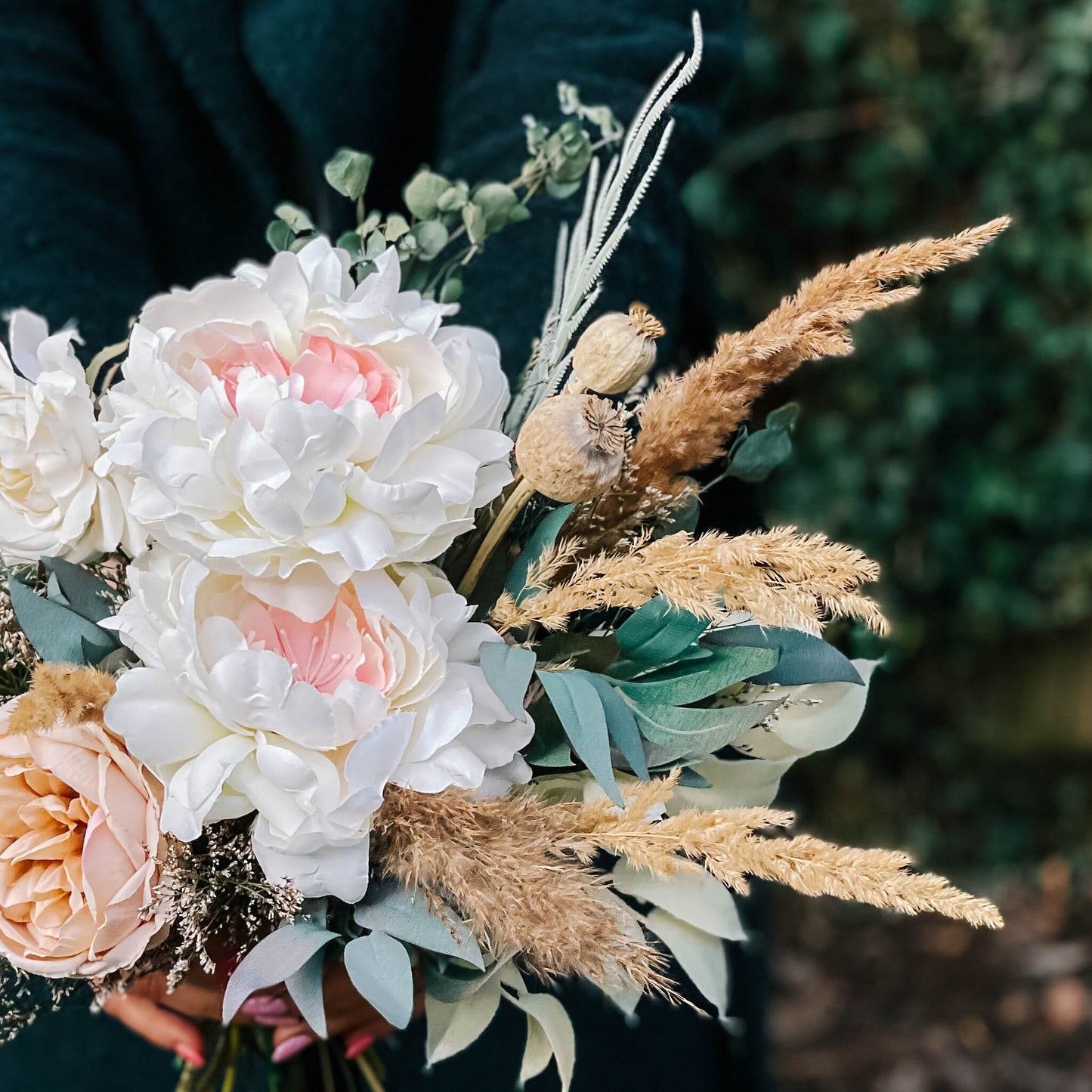 Dried & Artificial Flowers Bridal Bouquet - Cream, White & Eucalyptus