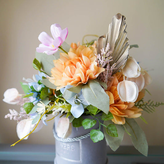 Orange and Pink flower hat box arrangement, Faux Flower Birthday Gift Idea