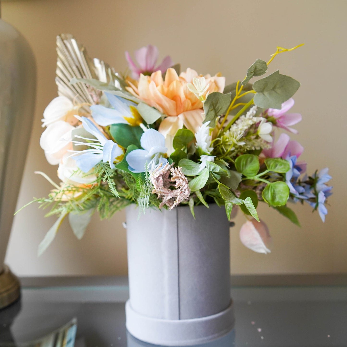 Orange and Pink flower hat box arrangement, Faux Flower Birthday Gift Idea